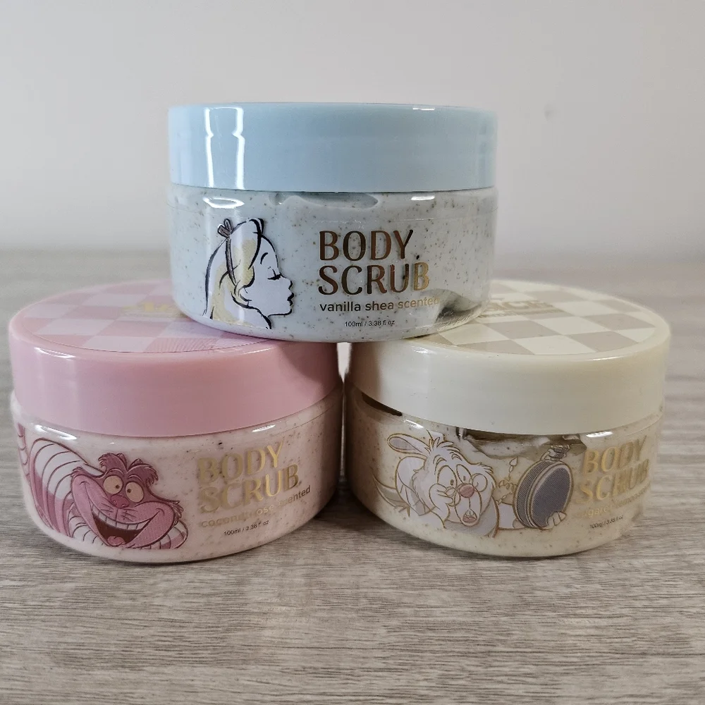 Disney Alice In Wonderland Set Of 3 Body Scrubs Vanilla Lemon Coconut Rose Scent - Picture 7 of 7